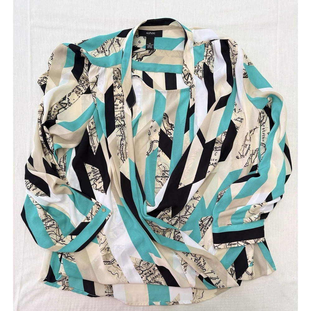 Alfani 14 Blouse Teal Black Chevron Geometric Stripe Map Print Faux Wrap Top